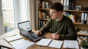 Young man with glasses working on laptop and notes at a wooden desk, with headline "Can You Teach English in China Without a Degree: What Is Actually Possible, Legal, and Worth Doing".