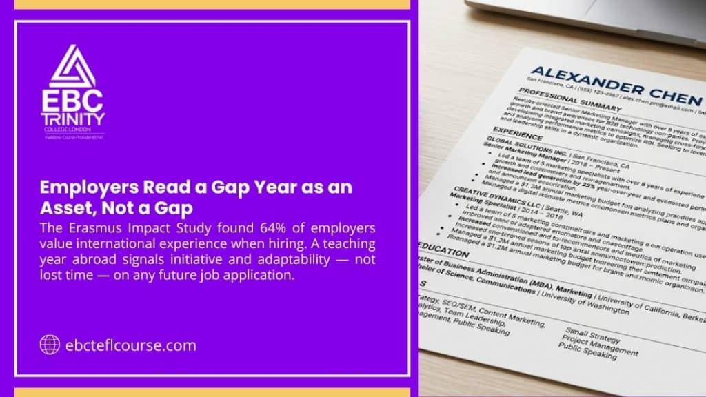 Resume document on desk with laptop, with headline "Employers Read a Gap Year as an Asset, Not a Gap" by EBC Trinity.