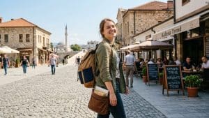 Young woman with backpack smiling in sunny European cobblestone square, with headline "Gap Year Teaching English in Europe With a Student Visa: What You Need to Know" by EBC Trinity.