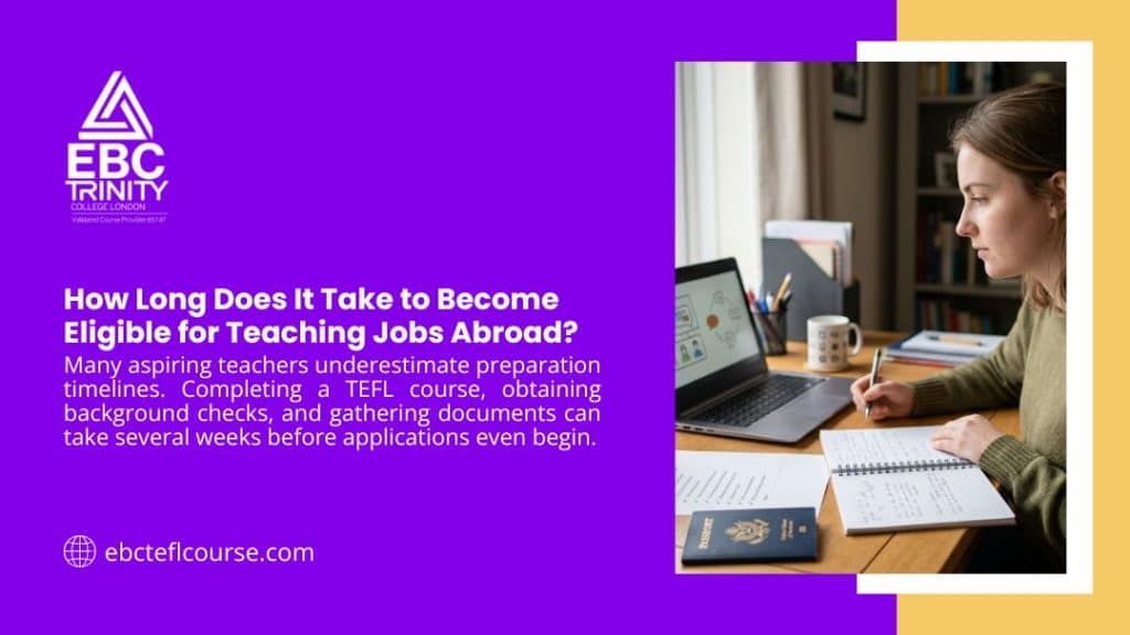 Woman studying at a desk with a laptop, notebook, and passport, illustrating how long it takes to become eligible for teaching jobs abroad including TEFL and document preparation.