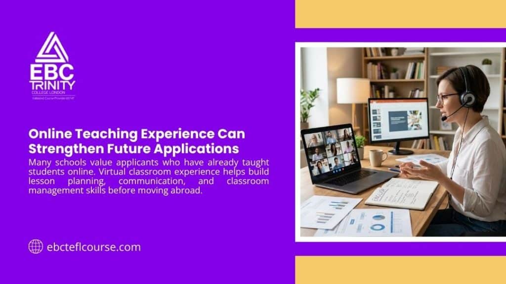 Woman wearing headset participating in online teaching video call at desk with laptop and materials, with headline "Online Teaching Experience Can Strengthen Future Applications" by EBC Trinity.