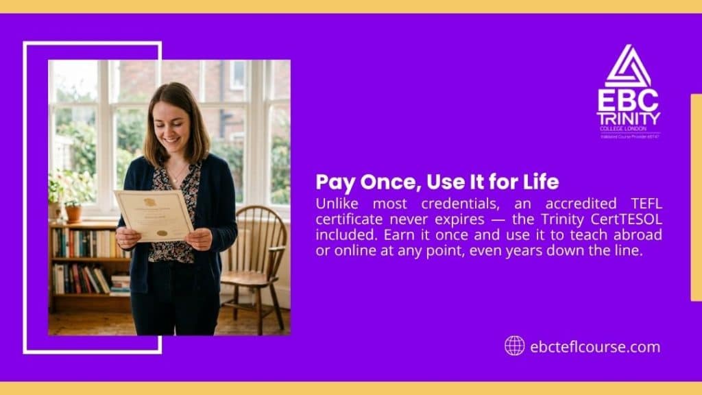 Smiling woman holding TEFL certificate in bright room, with headline "Pay Once, Use It for Life" by EBC Trinity.