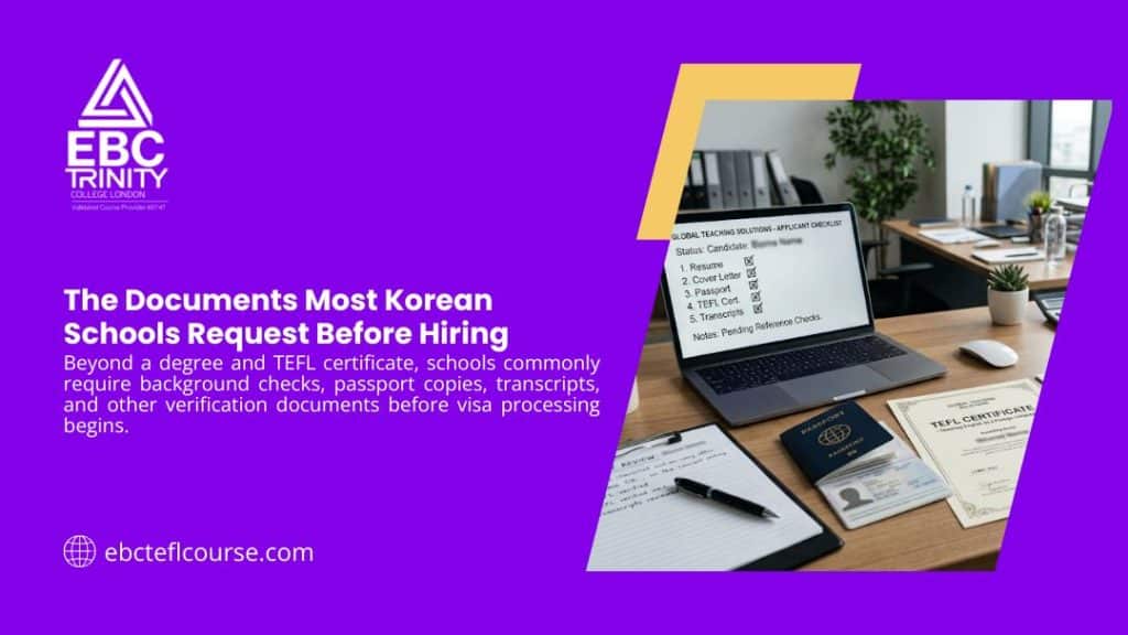 Desk setup with laptop checklist, passport, TEFL certificate, and documents, with headline "The Documents Most Korean Schools Request Before Hiring" by EBC Trinity.
