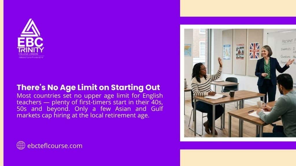 Woman raising hand in English classroom while teacher gestures at whiteboard, with headline "There's No Age Limit on Starting Out" by EBC Trinity.
