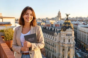 English teacher overlooking the Madrid skyline at golden hour with Gran Via architecture in the background