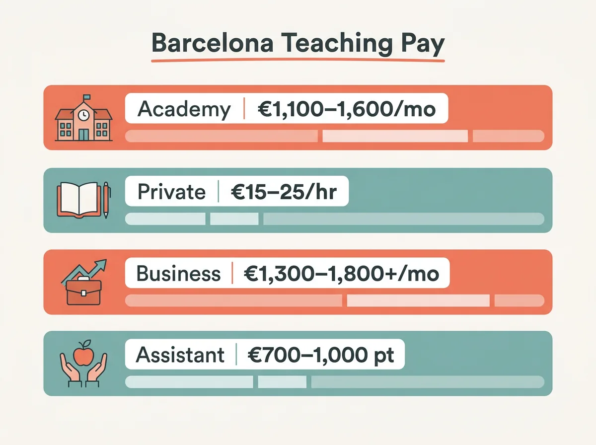 Infographic comparing monthly and hourly English teaching pay ranges in Barcelona by job type