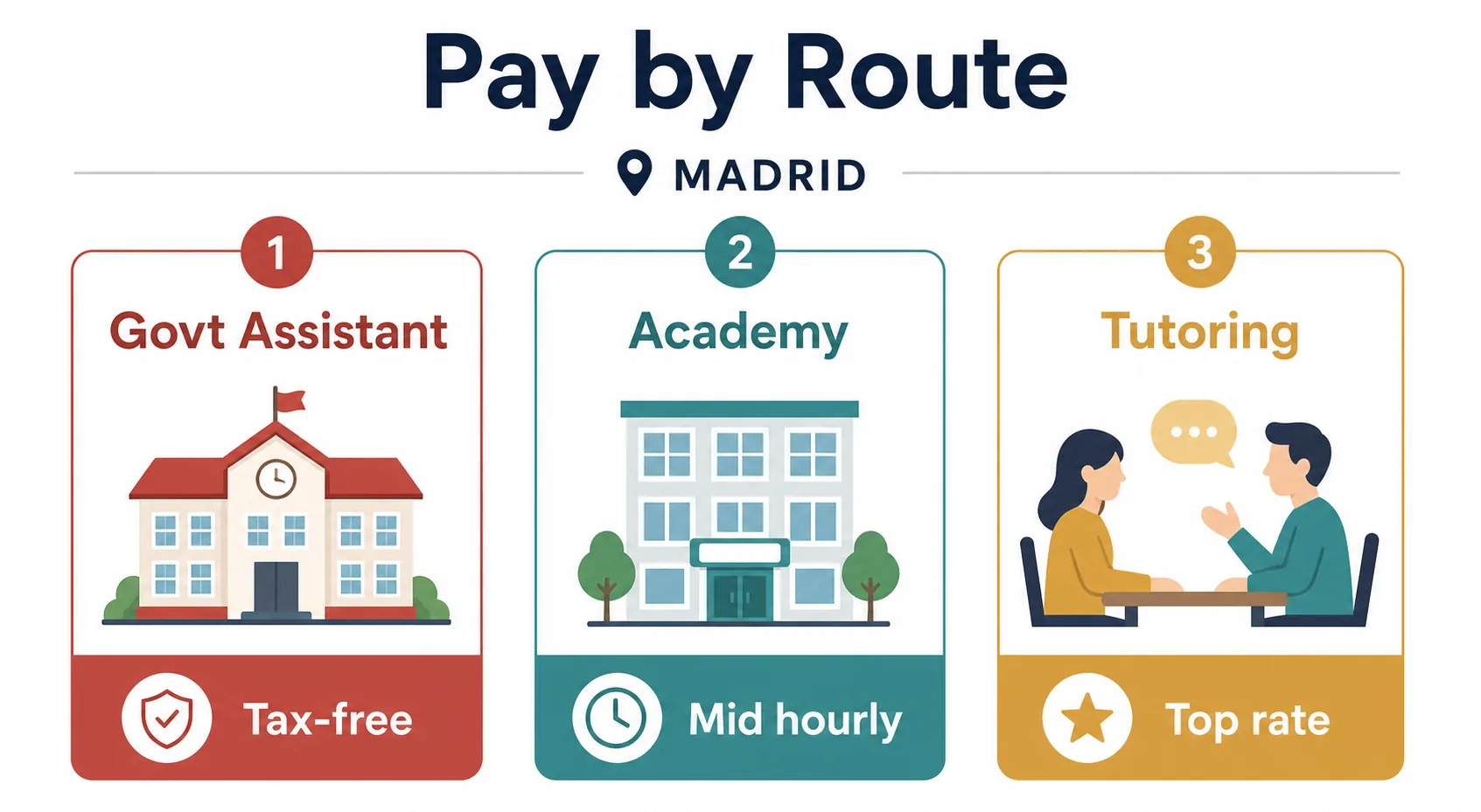 Infographic comparing pay across three English teaching routes in Madrid: government assistant, academy, and private tutoring