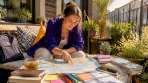 Teacher planning TEFL destinations with map and books
