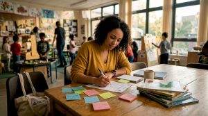 Teacher writing lesson plan in classroom
