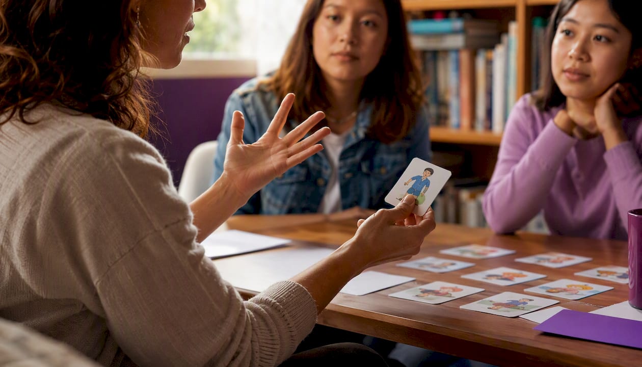 Teacher’s hands guiding ESL lesson with cards