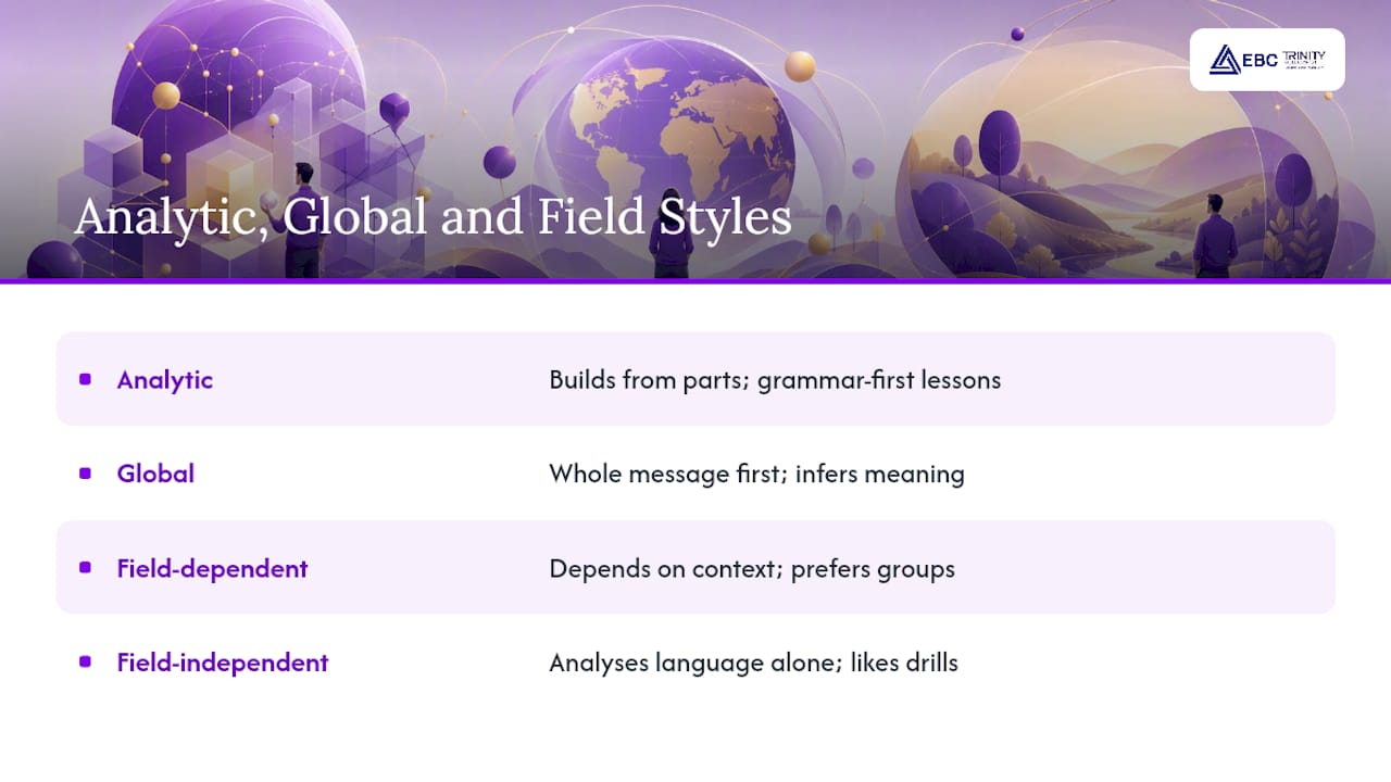 Analytic vs global learners, and field-dependent vs independent styles — overview diagram
